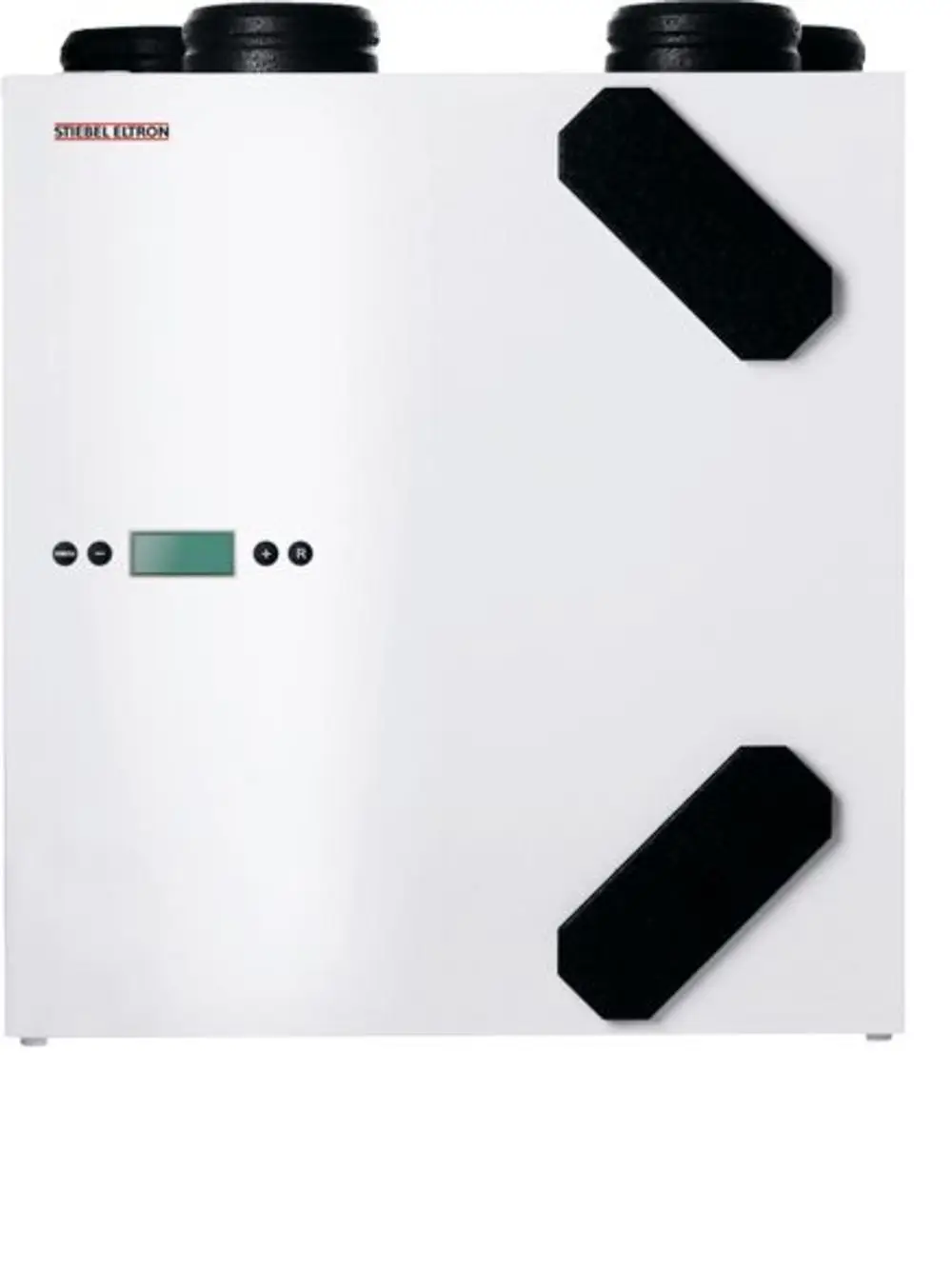 Weißes, quadratisches Lüftungsgerät von Stiebel Eltron mit Display und Bedienelementen. Oben sind schwarze Rohre zu sehen, an den Seiten Lüftungsschlitze.